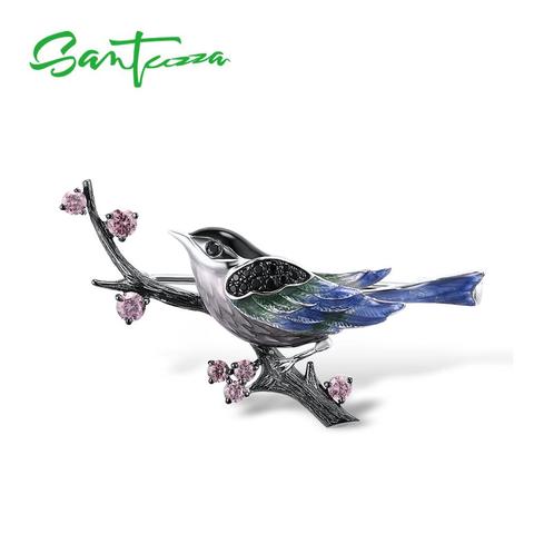 SANTUZZA Silver Brooch For Women Pure 925 Sterling Silver Lovely Magpie Birds Animal Trendy Fashion Jewelry Handmade Enamel ► Photo 1/6