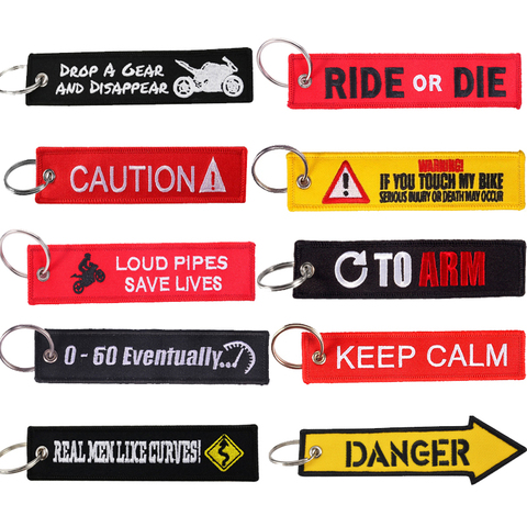 Keychain Car Novelty Double Side Embroidery Car Ring Motorcycle Danger Caution Key Tag Key Chain for Men Fashion Keychains Gift ► Photo 1/6