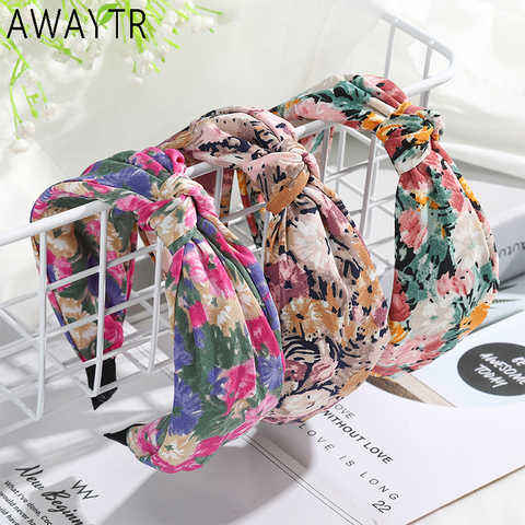 AWAYTR Flower Print Folds Headband Bezel Turban Elastic Scrunchies for Women Bow Hairband Girls Hair Accessories Jewelry Bands ► Photo 1/6