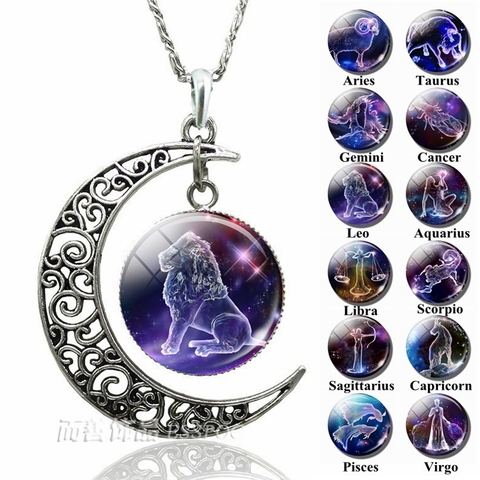 12 Zodiac Constellations Signs Glass Dome Crescent Moon Necklace Fashion Jewelry for Women Aries Gemini Cancer Leo Birthday Gift ► Photo 1/6