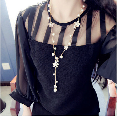 New fashion Long imitation pearl tassel five-leaf flower sweater chain For Women girl Accessories jewelry wholesale ► Photo 1/6