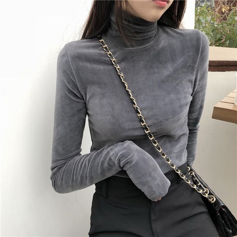 Women T Shirt Warm Gold Velvet Pullovers Tops High Collar Bottoming Slim T-shirt Winter Warm Turtleneck Long Sleeve Tshirt ► Photo 1/6