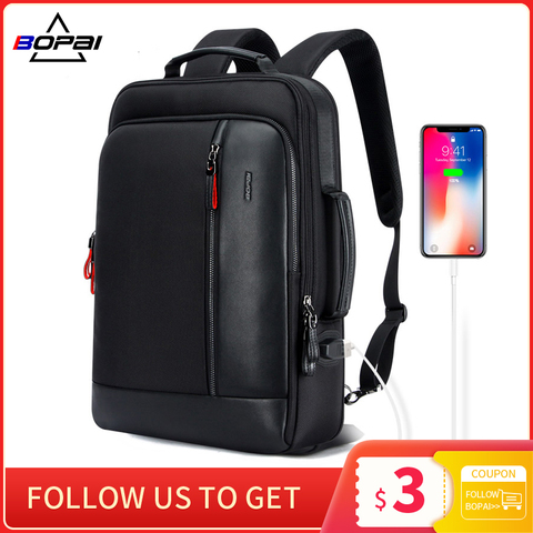 BOPAI Men Black Leather Backpack USB Charge Bagpack School Bags Hidden Pocket Anti Theft  Male Laptop Backpacking Sac a Dos ► Photo 1/6