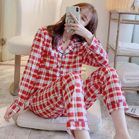 Fdfklak Fashion plaid cotton sleepwear women pajamas set spring autumn women's nightwear pijamas home suit new pyjama femme ► Photo 1/4