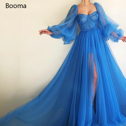 Booma Simple Blue Prom Dresses Long Puff Sleeves Exposed Boning Illusion Evening Dresses High Slit Tulle A-Line Formal Gowns ► Photo 1/1