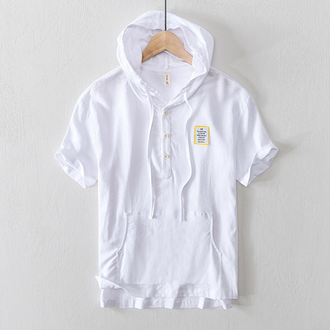 Men's Linen Hooded Shirts Casual Short-Sleeved Pullover Shirt For Men Solid Tops Fashion Streetwear Camisa Shirt Men TS-714 ► Photo 1/5