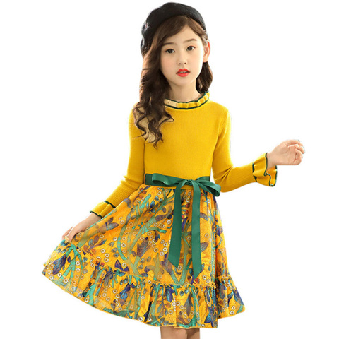 Girls Knitted Dress Autumn Winter Girls Dress Floral Pattern Girls Party Dress Kids Teenage Clothes For Girls 6 8 10 12 13 14 ► Photo 1/6