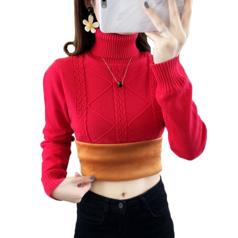 Autumn Winter Women Turtleneck Sweater Pullover NEW Fashion Slim Large Size Plus Velvet Warm Knitted SweaterJumper Female Tops ► Photo 1/6