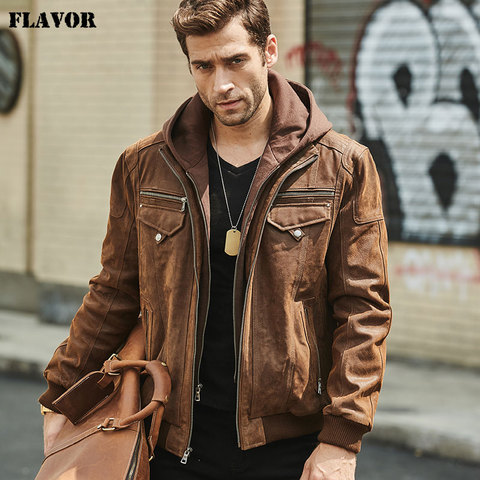 FLAVOR New Men's Real Leather Jacket with Removable Hood Brown Jacket Genuine Leather Warm Coat For Men ► Photo 1/5