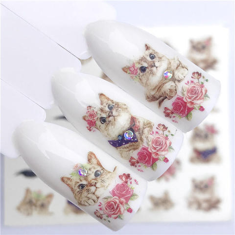 FWC 1 PC Summer Flower Series Nail Water Decals Cute Cat Pattern Tranfer Sticker Flamingo Fruit Nail Art Decoration ► Photo 1/6