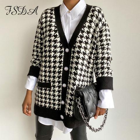 FSDA V Neck Women Button Black Houndstooth Cardigan 2022 Long Sleeve Sweater Autumn Winter Knitted Loose Oversized Jumper Casual ► Photo 1/6