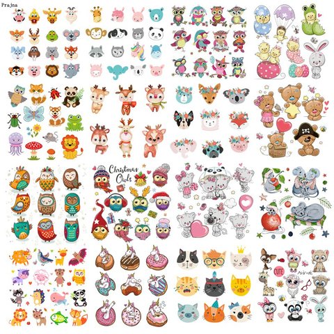 Prajna Iron On Cute Animal Patches For Kids Clothing DIY T-shirt Applique Heat Transfer Vinyl Unicorn Owls Patch Thermal Sticker ► Photo 1/6