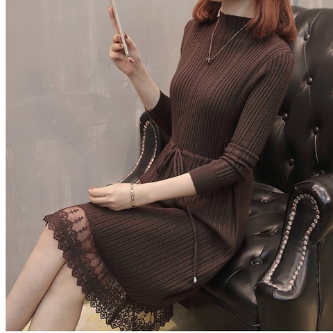 Women Warm Sweater Dress Autumn Winter Elastic Soild Long Sleeve Casual A-line Knitting dress Female Patchwork Race knit dress ► Photo 1/6