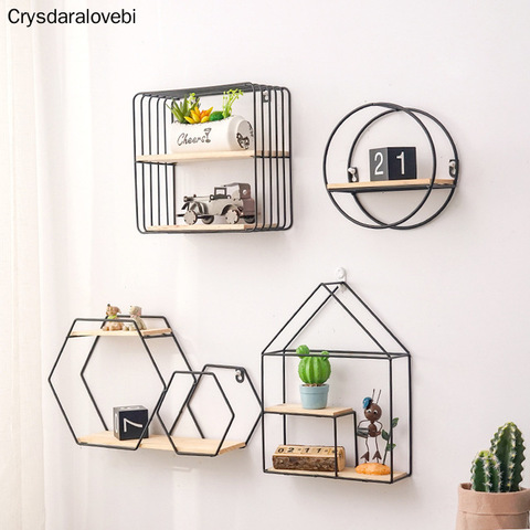 Metal Iron Wooden Storage Rack Multi Shape Storage Holders Black/Gold Nordic Wall Shelf DIY Home Decor ► Photo 1/4