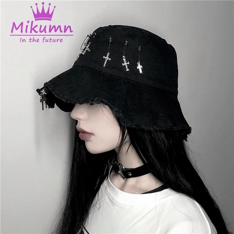 INS Harajuku Style Dark Black Cross Summer Fisherman Hat Hip Hop Cap Foldable Bucket Hats Men and Women Streetwear ► Photo 1/6