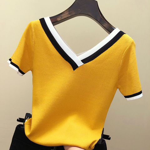 V-Neck T Shirt Women Tshirt Contrast Color Striped Knitted 2022 Summer Top T-Shirt Woman Clothes Tee Shirt Femme Camisetas Mujer ► Photo 1/6