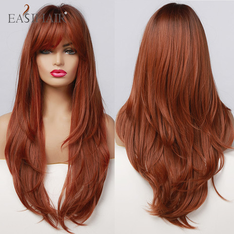 EASIHAIR Red Brown Dark Root Synthetic Long Wavy Wigs with Bangs Colored Fiber Hair Cosplay Wigs for Black Women Heat Resistant ► Photo 1/1