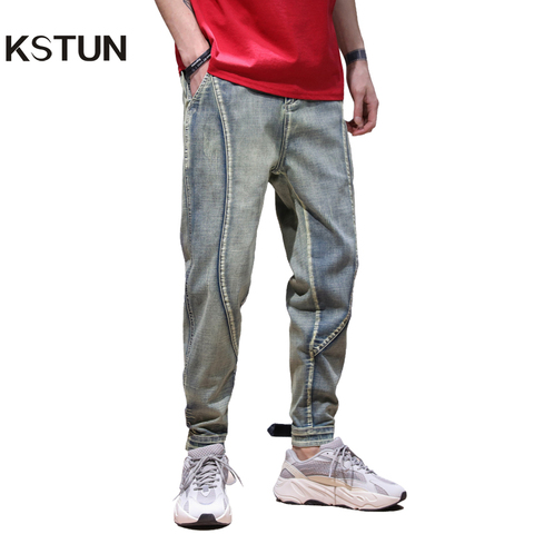 KSTUN Mens Jeans 2022 New Arrivals Retro Blue Elastic Waist Drawstring Baggy Legs Jogger Jeans Man Casaul Denim Pants Streetwear ► Photo 1/6