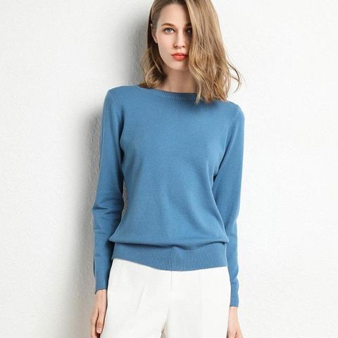 2022 Female  Slim O-Neck Pullover Cashmere Wool Blending Sweater Autumn And Winter Long-Sleeved Knit Bottoming Shirt Large Size ► Photo 1/6