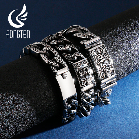 Fongten Budha Cuban Bracelet Men Stainless Steel Retro Link Chain Skull Punk Bracelets For Man Jewelry ► Photo 1/6