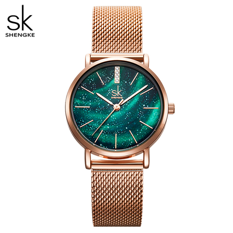 Shengke Women Watches Starry Green Dial Reloj Mujer	Ladies Wristwatch Ultra-thin Stainless Steel Strap Quartz Montre Femme Gift ► Photo 1/6