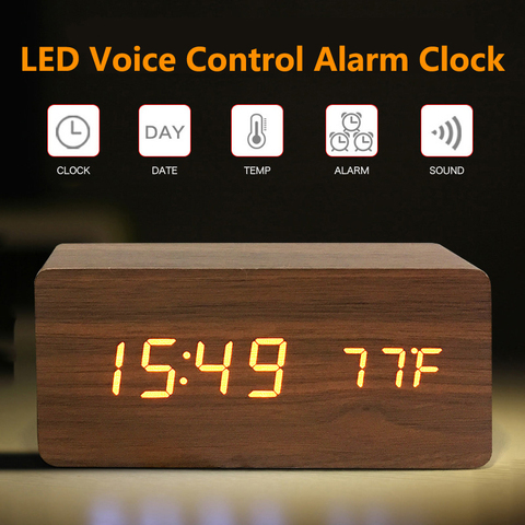 Wooden Digital LED Alarm Clock Voice Control USB/AAA Powered Electronic Table Clock Multifunction Temperature Desk Watch Decor ► Photo 1/6