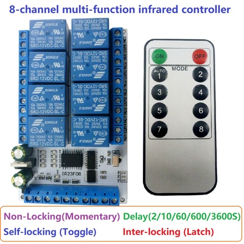 8ch DC 5V 12V Multi-function VS1838 IR infrared control Delay Relay Module Flip-Flop Latch Bistable Self-locking Interlock Latch ► Photo 1/6