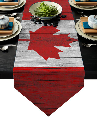 Canadian Flag Wooden Texture Cotton Linen Table Runner for Family Dinner Wedding Party Holiday Farmhouse Thanksgiving Christmas ► Photo 1/6