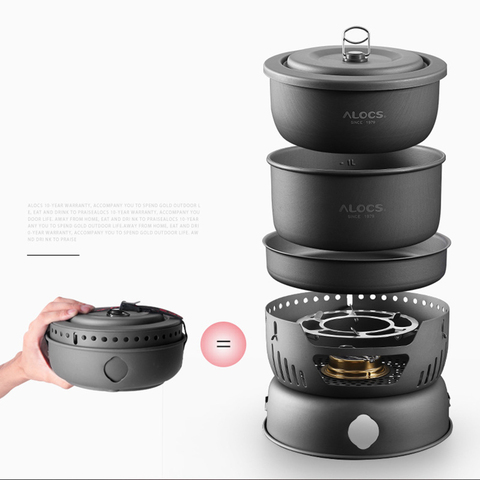 ALOCS CW-C05 Outdoor Camping Portable Kitchenware Set Hiking Picnic Cooking Utensil Stove Pot Bowl Pan Alcohol Stove ► Photo 1/6