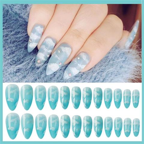 24Pcs/Set Fashion Beauty Fake Nails Clear French Stiletto Blue Sky White Cloud Pattern Press on Nails faux Ongles Tips Nail Art ► Photo 1/6