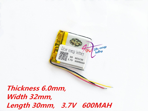 3 line lithium polymer battery 603230 603030 3.7V 600MAH digital products navigation GPS Rechargeable Li-ion Cell ► Photo 1/1