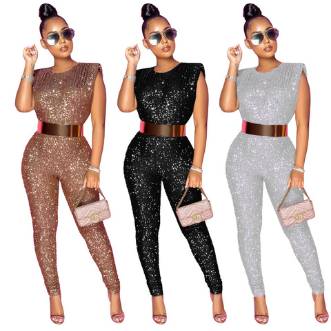 VAZN Hot Sale Sexy O-neck  Sequins Glitter Office Lady Women Sleeveless Banquet Party Beach Jumpsuits Full Pant Bandage Rompers ► Photo 1/6