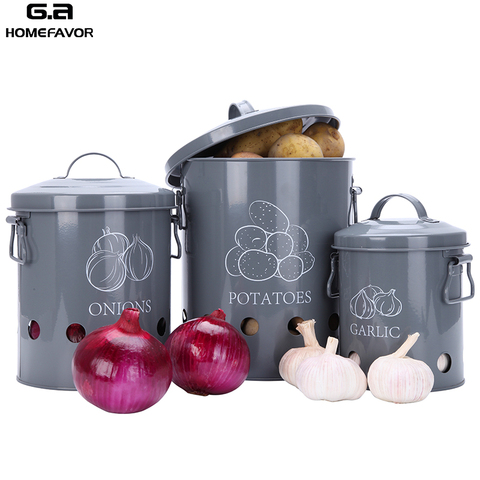 3 Pcs Food Container Storage Bins Garlic Onions Potatoes Box Kitchen Breathable Metal Buckets Factory Custom Boxes Sets ► Photo 1/6