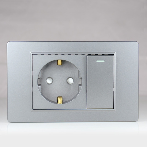 Dark grey EU German standard 16A 2-hole power plug wall socket with 15A 1Gang 1Way Switch 118 *74mm PC flame retardant panel 16A ► Photo 1/6