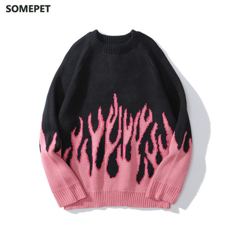 Pink Flame Off Shoulder Sweater Men Women Autumn Oversized Men's Sweater Knitwear Men Clothing ► Photo 1/4