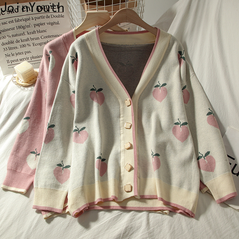 Joinyouth Sweet Peach Print Sweater Korean Knitwear Cropped Cardigan V-neck Long Sleeve weater Loose Sueter Ropa Mujer 7a899 ► Photo 1/6