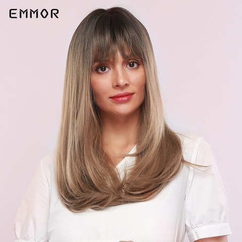 EMMOR Long Natural Wave Black to Light Brown Ombre Hair Wig with Bangs for Black White Women Daily Use fluffy Synthetic Wigs ► Photo 1/6