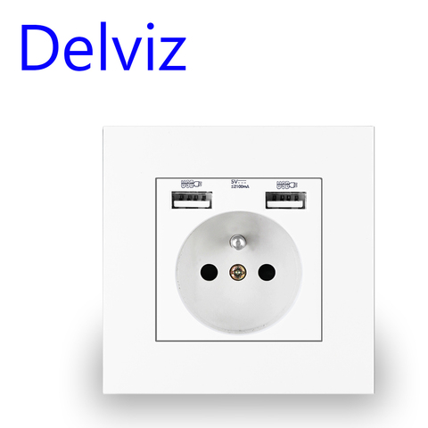 Delviz French Standard Socket, AC 100~250V, Dual USB Charger Port for Mobile, White With switch panel, 16A Wall Power USB Socket ► Photo 1/6