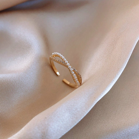 2022 South Korean New Cross Bow Pearl Ring Female Fashion Temperament Personality Adjustable Opening Forefinger Ring ► Photo 1/6