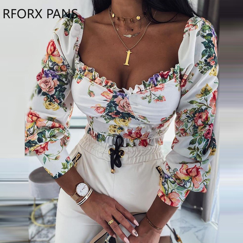 Long Sleeve Square Neck Floral Print Top Women  Plus Size Tops Spring  Tops and Blouses ► Photo 1/4