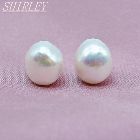 White baroque stud earrings, 100% natural freshwater pearl, 925 sterling silver, irregular shape, ladies pearl stud earrings ► Photo 1/6