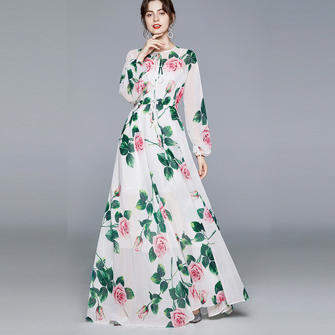 Banulin Summer Fashion Runway Boho Maxi Dresses Women's Long Sleeve Rose Flowers Print Elastic Waist Holiday Elegant Long Dress ► Photo 1/5