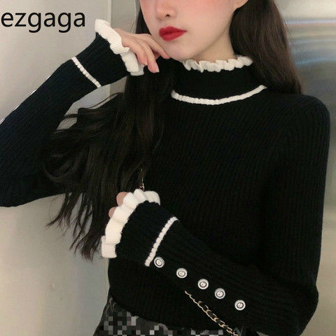 Ezgaga Basic Sweater Pullover Women Winter 2022 Korean Turtleneck Vintage Patchwork Ruffles Button Sweet Base Knit Tops Fashion ► Photo 1/6