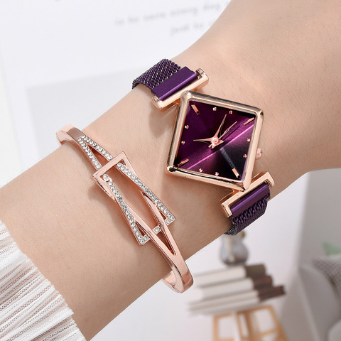 Rhombus Dial Female Watches Bracelet Set Woman's Dress Wristwatch Ladies Magnetic Simple Square Clock Diamond Gift reloj mujer ► Photo 1/6