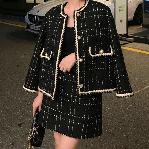 European Style Autumn Winter 2 Piece Set Women Short Woolen Tweed Jacket Coat & Bodycon Mini Skirt Set Women Two Piece Outfits ► Photo 1/5