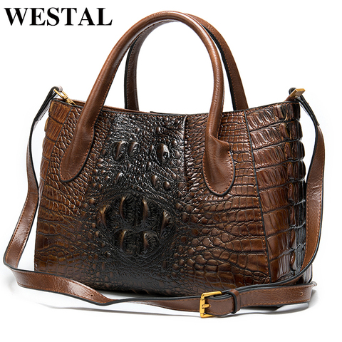 WESTAL women's genuine leather handbag women ladies bag Crocodile pattern handbags designer tote-handle bags briefcase female ► Photo 1/6