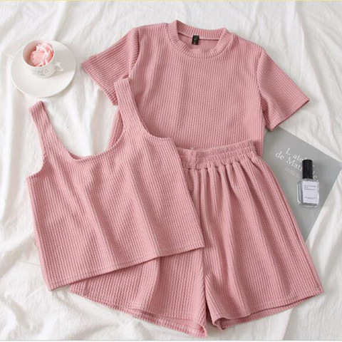 Heliar Pink O-Neck T-Shirt And Shorts And Camis Women Three Pcs Sets Pants Sets Femme Female Outfits 2022 Summer Suits Women ► Photo 1/6