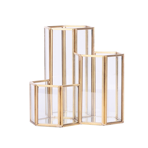 Glass Copper Hexagon Composite Pen Holder Makeup Brush Glass Box Multifunction Desktop Organizer Office Accessories ► Photo 1/6