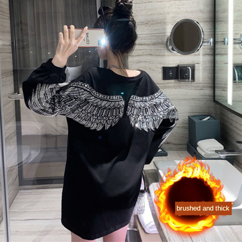 Autumn Winter Fleece-Lined Wings Sweater for Women Heavy Embroidery Hot Drilling Gothic Korean Tops Loose Velvet Thickened Top ► Photo 1/6