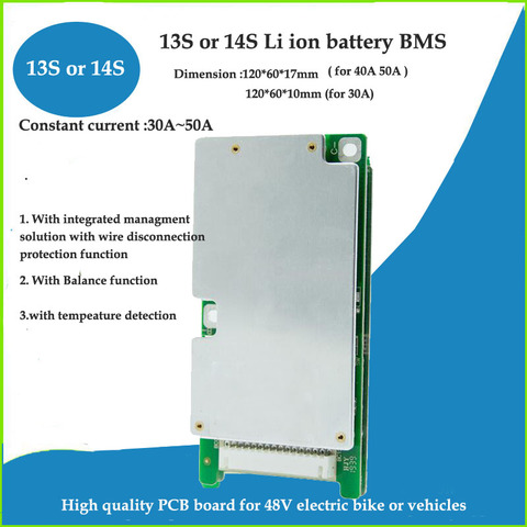 13S or 14S 48V Li ion Battery BMS with 30A 40A 50A constant current for 54.6V 58.8V Lithium Power Battery Pack PCB ► Photo 1/1